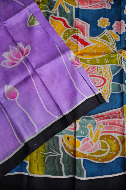 Purely Handpainted Batik Floral On Pure Tussar Silk Saree-Lavender|Silk Mark Certified