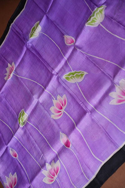 Purely Handpainted Batik Floral On Pure Tussar Silk Saree-Lavender|Silk Mark Certified