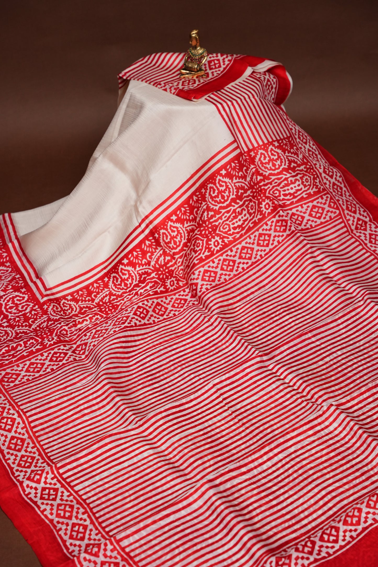 Purely Handpainted Classic On Pure Tussar Silk Saree-White & Red|Silk Mark Certified