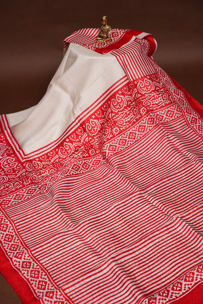 Purely Handpainted Classic On Pure Tussar Silk Saree-White & Red|Silk Mark Certified