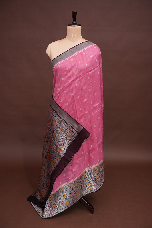 Tussar Banarasi Raw Silk Saree with Floral Paithani Weaves – Blush Pink & Deep Wine Border