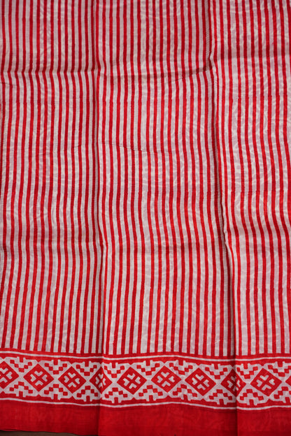 Purely Handpainted Classic On Pure Tussar Silk Saree-White & Red|Silk Mark Certified