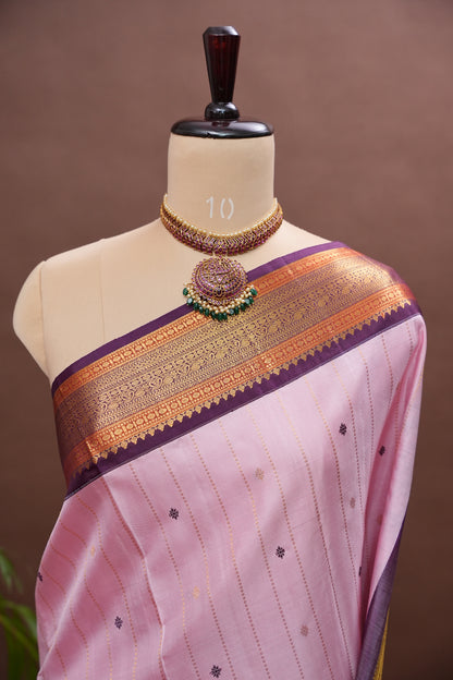 Baby Pink Pure Kanchipuram Silk Saree with Royal Violet Zari Border|Silk Mark Certified