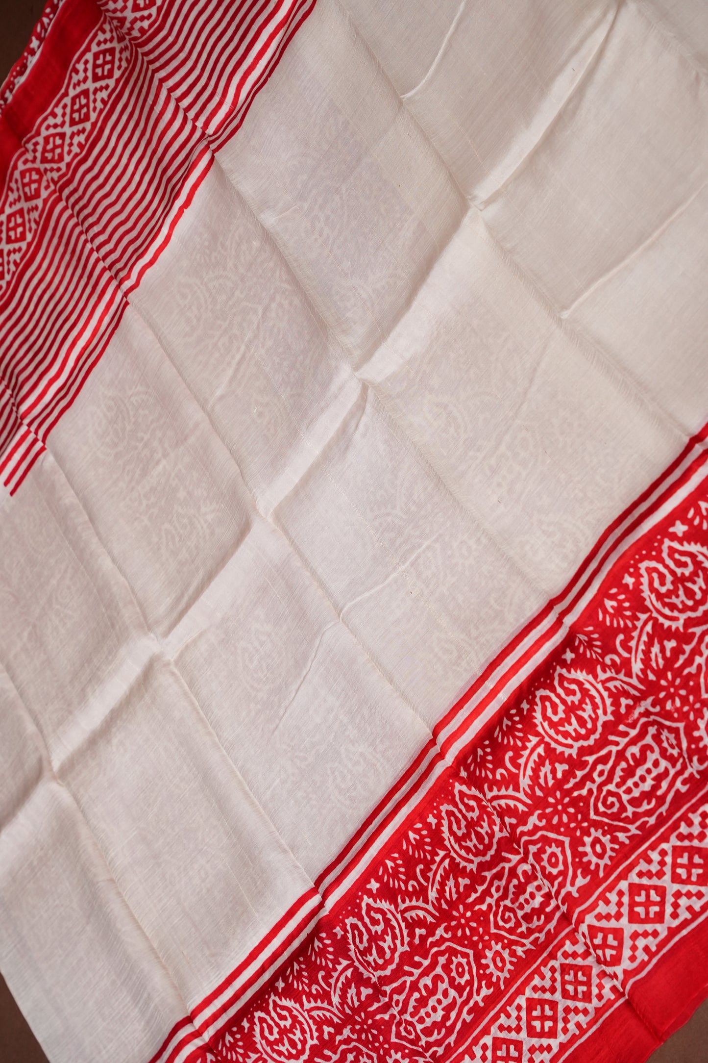Purely Handpainted Classic On Pure Tussar Silk Saree-White & Red|Silk Mark Certified