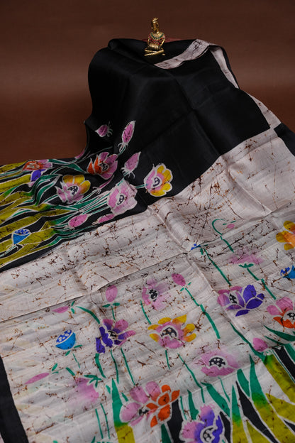 Purely Handpainted Batik Floral On Pure Tussar Silk Saree-Black|Silk Mark Certified