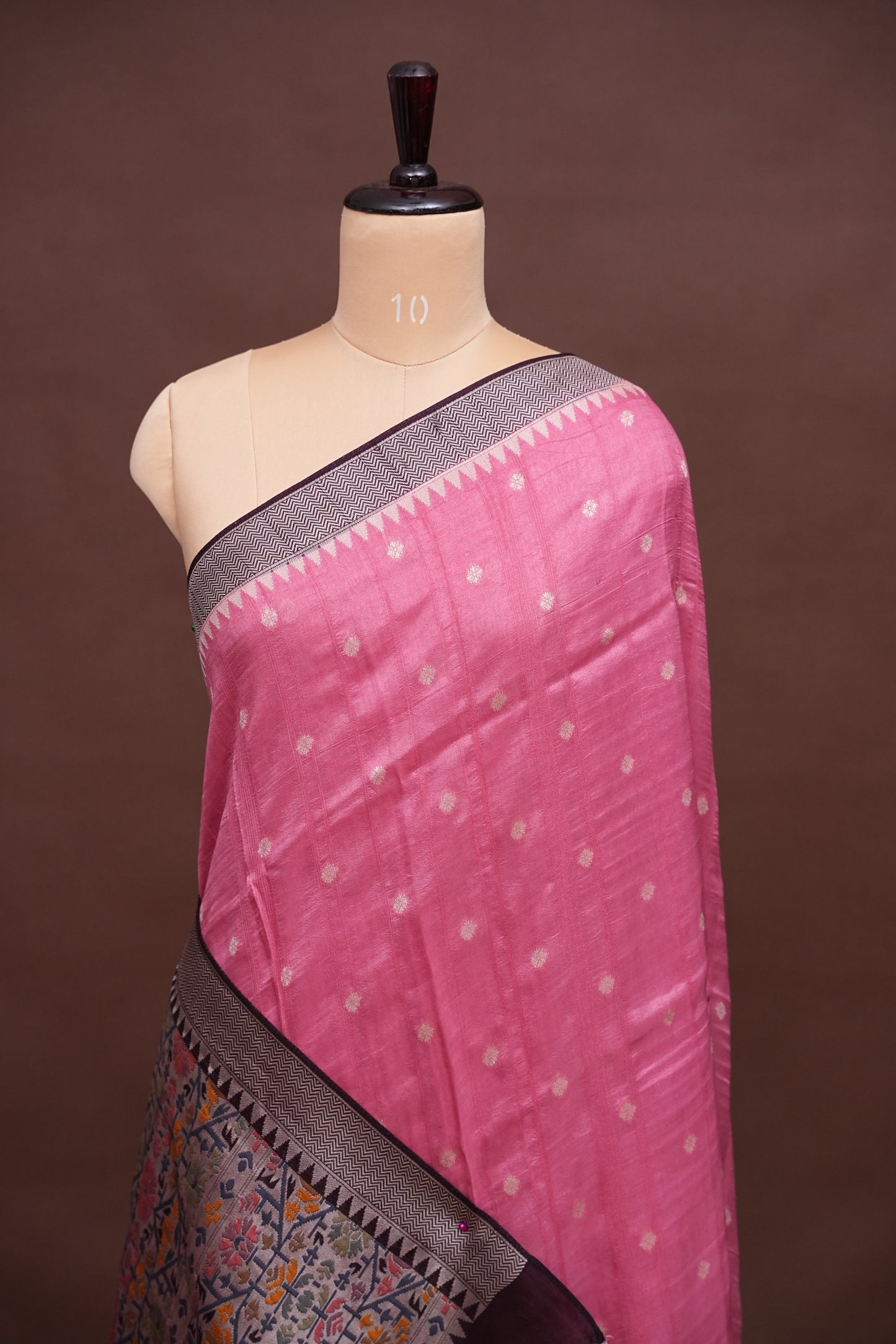 Tussar Banarasi Raw Silk Saree with Floral Paithani Weaves – Blush Pink & Deep Wine Border