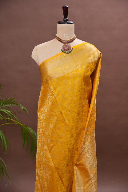 Mustard Yellow Pure Kanchivaram Silk Brocade Saree|Silk Mark Certified.