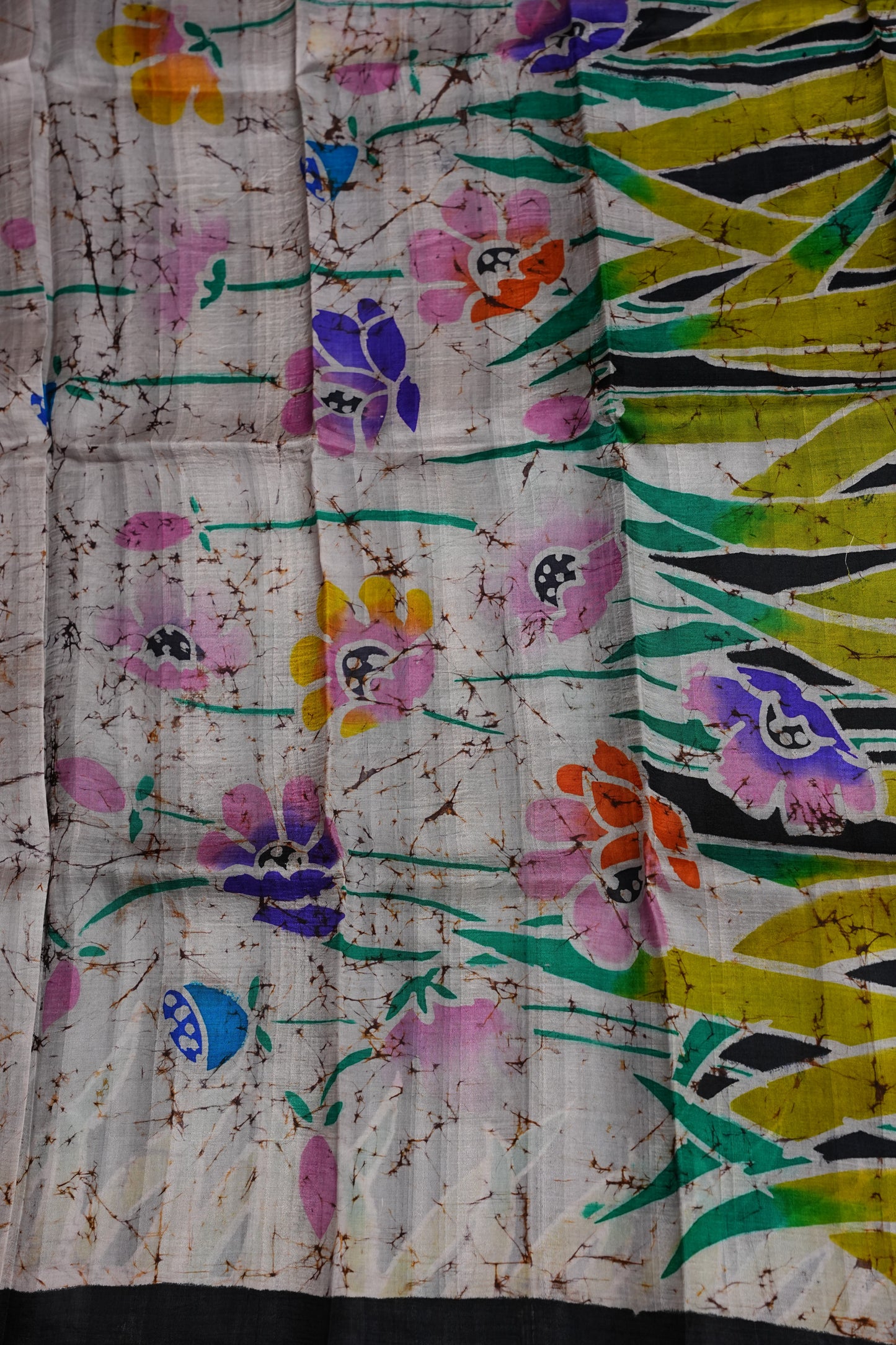 Purely Handpainted Batik Floral On Pure Tussar Silk Saree-Black|Silk Mark Certified