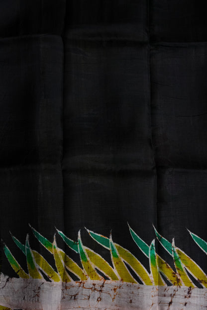 Purely Handpainted Batik Floral On Pure Tussar Silk Saree-Black|Silk Mark Certified