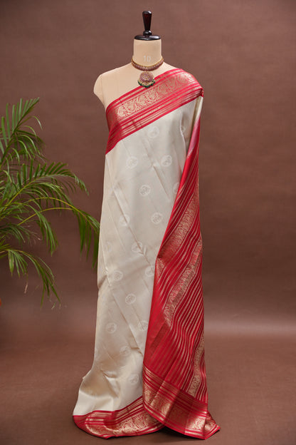 Ivory White & Deep Red Pure Kanchipuram Silk Saree | Silk Mark Certified