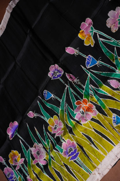Purely Handpainted Batik Floral On Pure Tussar Silk Saree-Black|Silk Mark Certified