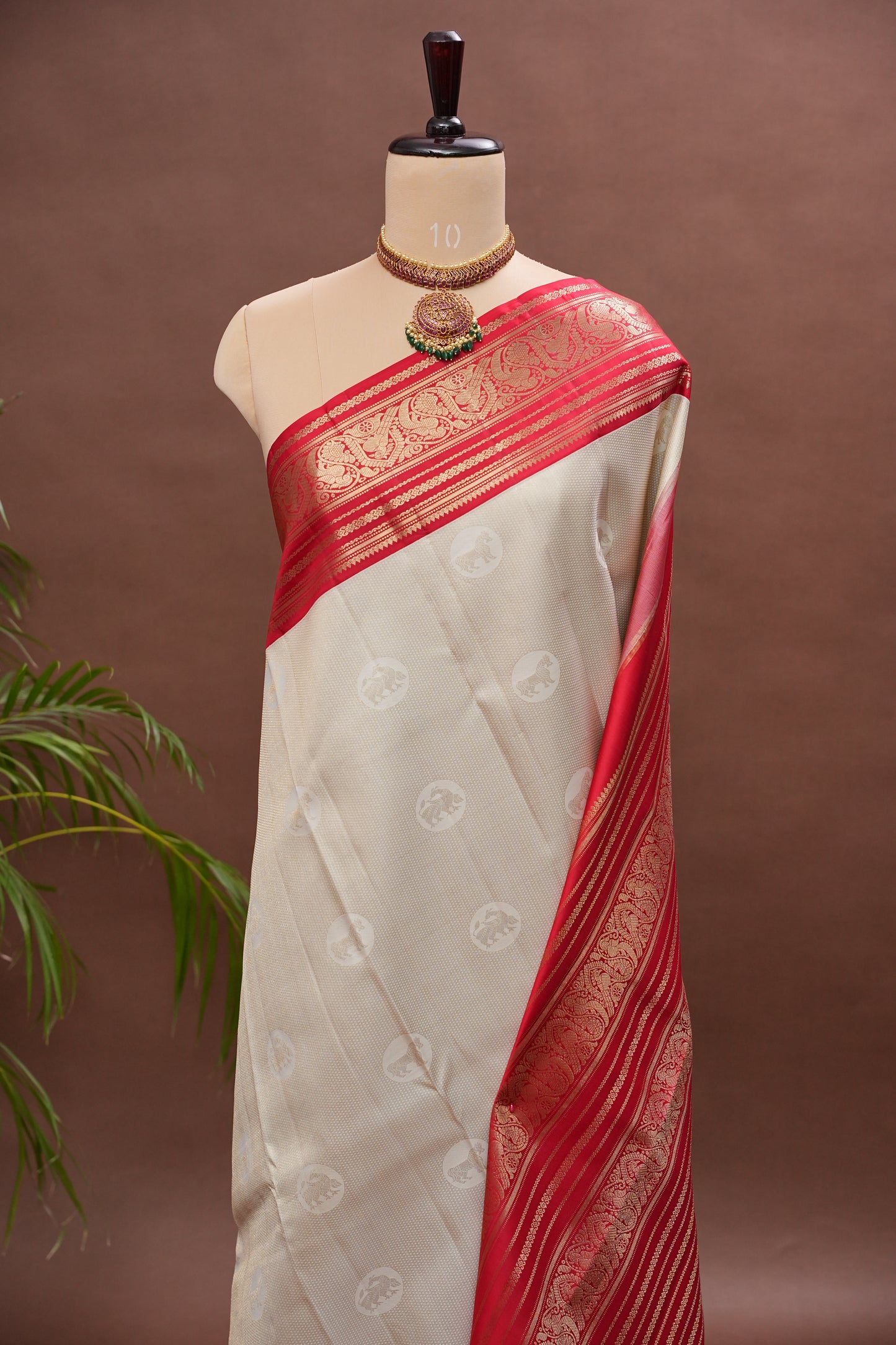 Ivory White & Deep Red Pure Kanchipuram Silk Saree | Silk Mark Certified