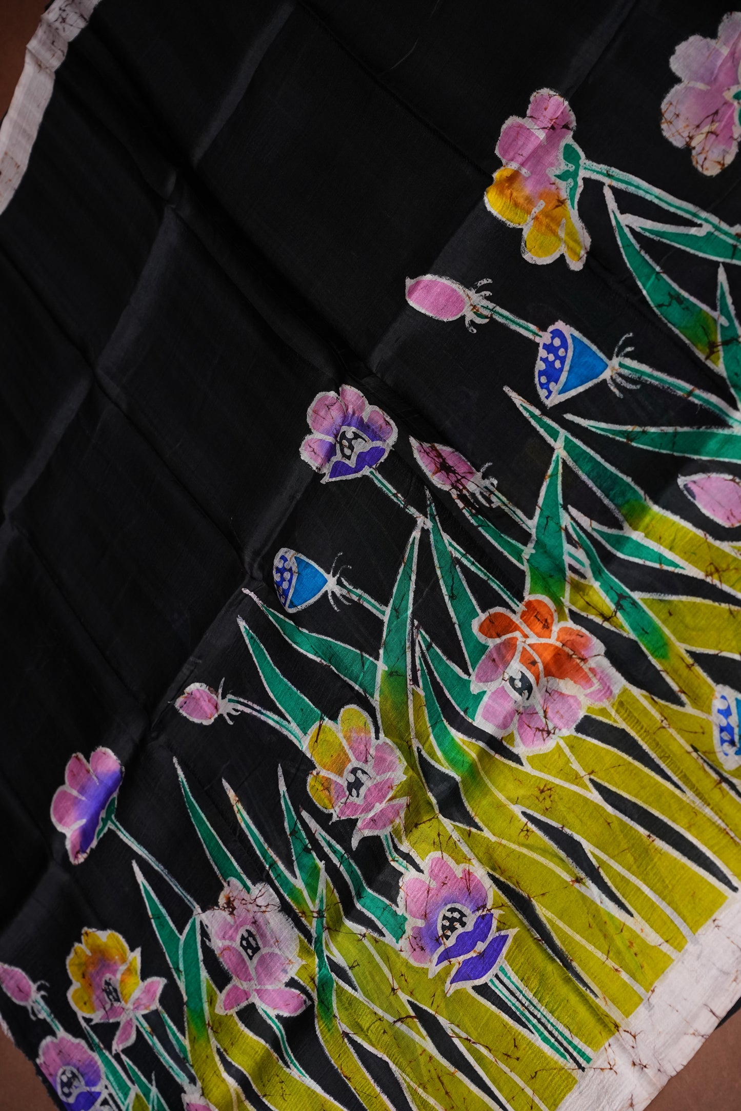 Purely Handpainted Batik Floral On Pure Tussar Silk Saree-Black|Silk Mark Certified