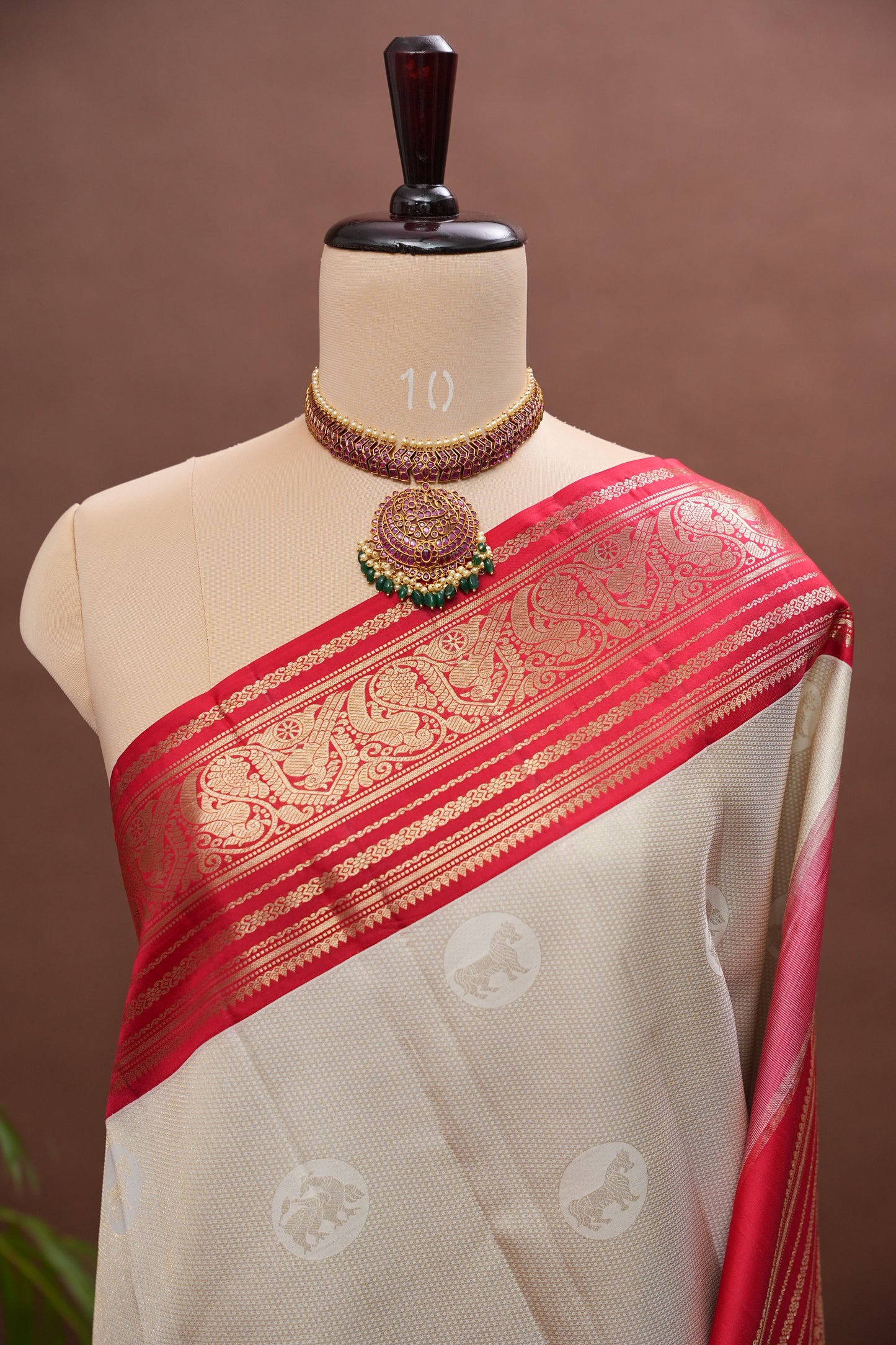 Ivory White & Deep Red Pure Kanchipuram Silk Saree | Silk Mark Certified