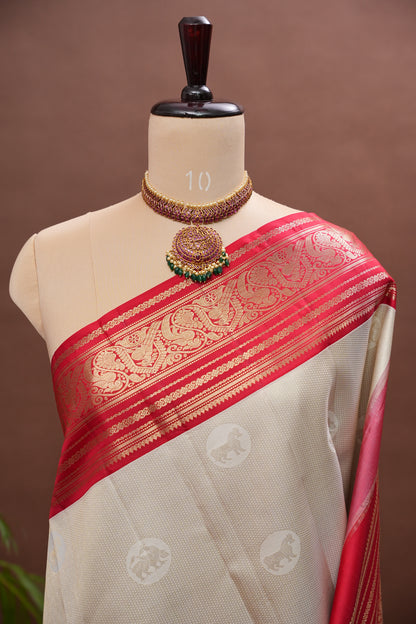 Ivory White & Deep Red Pure Kanchipuram Silk Saree | Silk Mark Certified