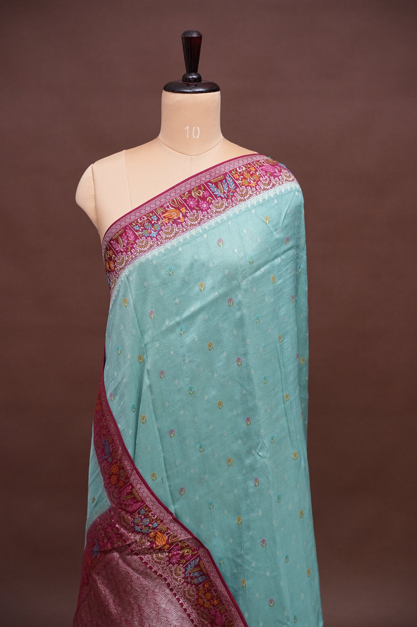 Tussar Banarasi Raw Silk Saree with Floral Paithani Weaves – Mint Green & Wine