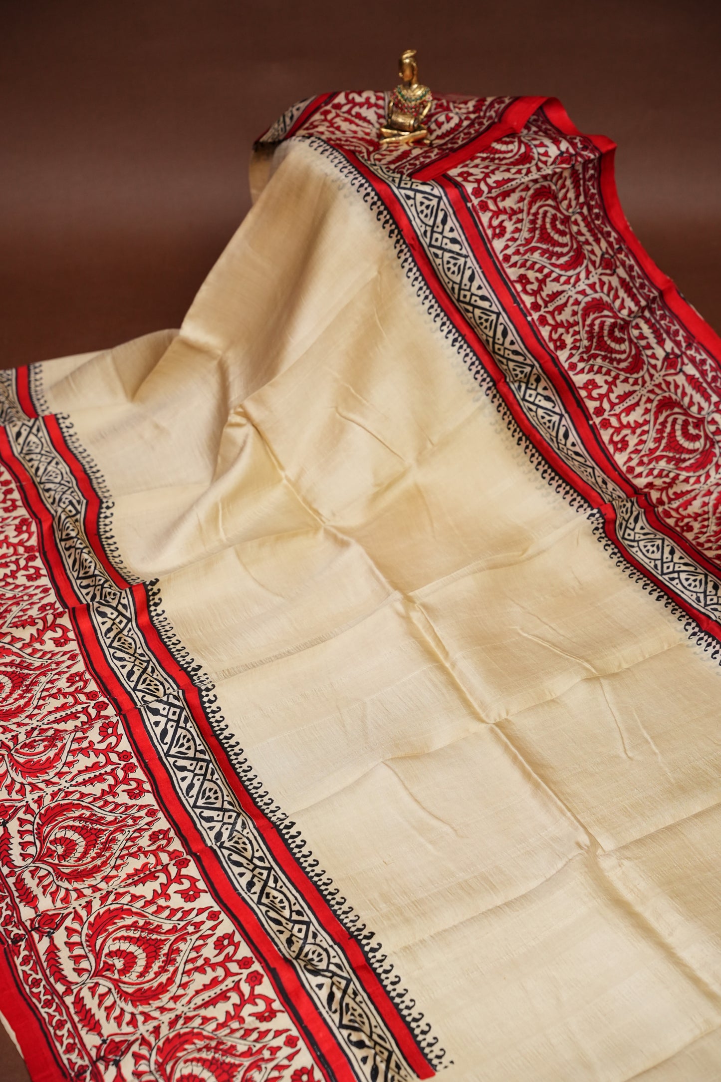 Purely Handpainted Classic On Pure Tussar Silk Saree-Beige with Red|Silk Mark Certified