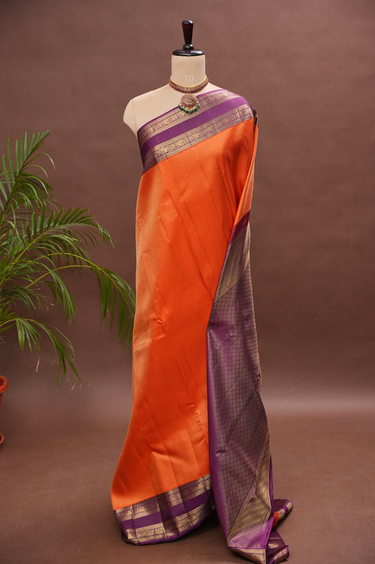 Vibrant Orange & Royal Purple Pure Kanchipuram Silk Saree | Silk Mark Certified