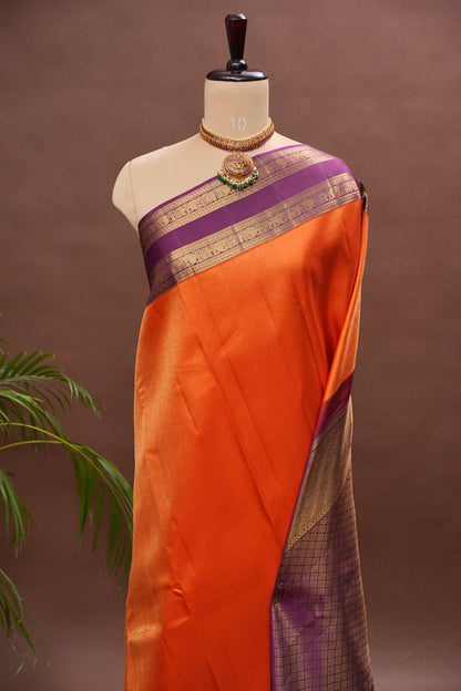 Vibrant Orange & Royal Purple Pure Kanchipuram Silk Saree | Silk Mark Certified