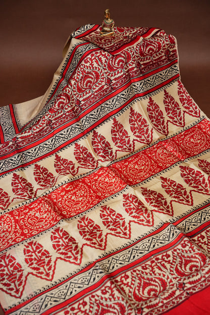 Purely Handpainted Classic On Pure Tussar Silk Saree-Beige with Red|Silk Mark Certified