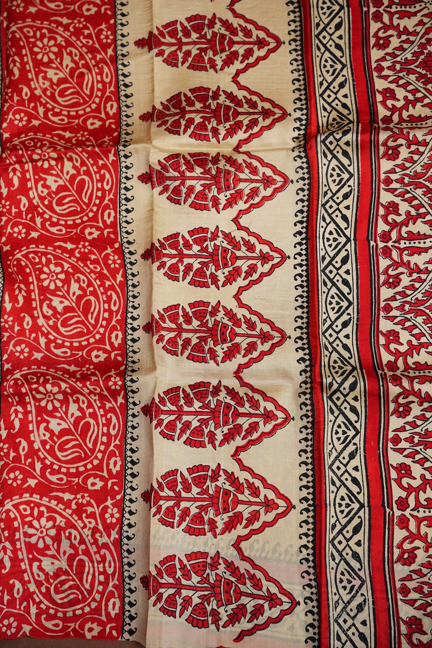 Purely Handpainted Classic On Pure Tussar Silk Saree-Beige with Red|Silk Mark Certified
