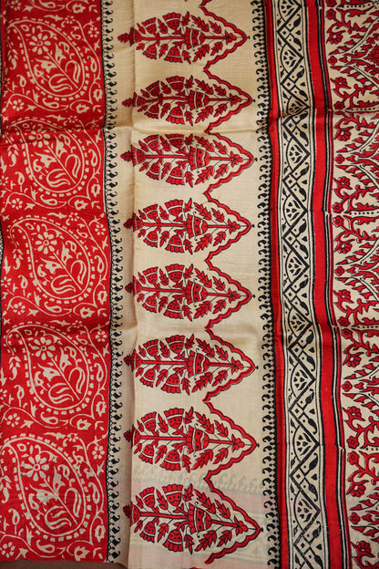 Purely Handpainted Classic On Pure Tussar Silk Saree-Beige with Red|Silk Mark Certified