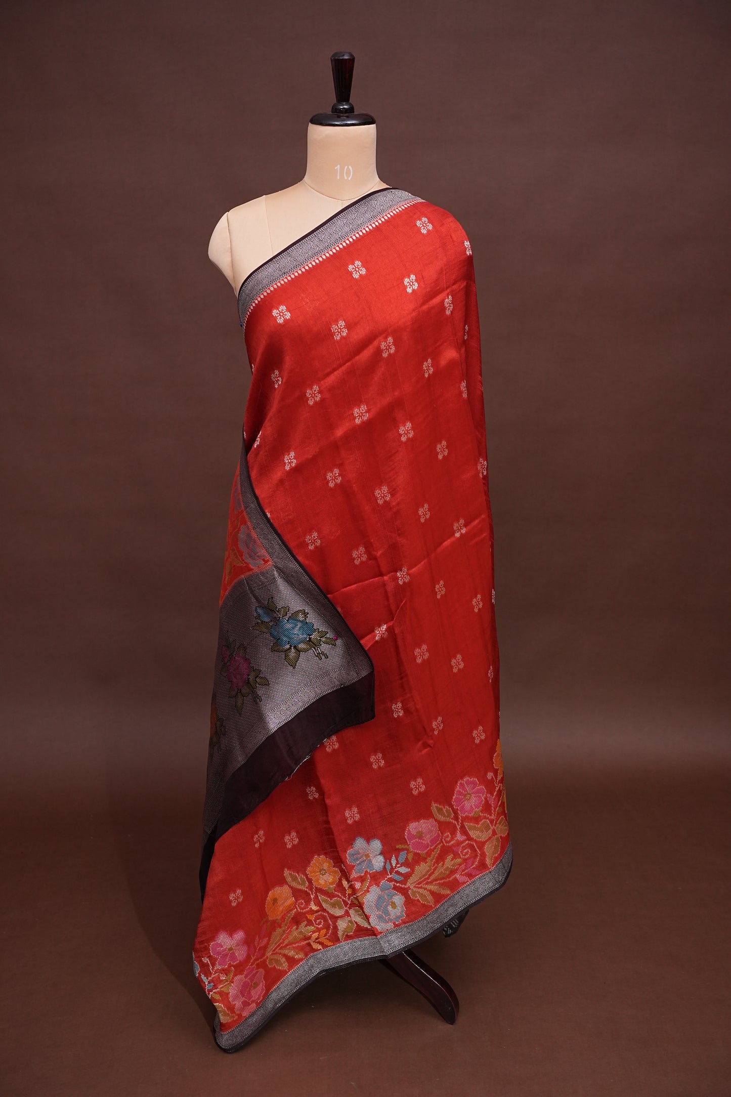 Tussar Banarasi Raw Silk Saree with Floral Paithani Weaves – Burnt Orange & Black