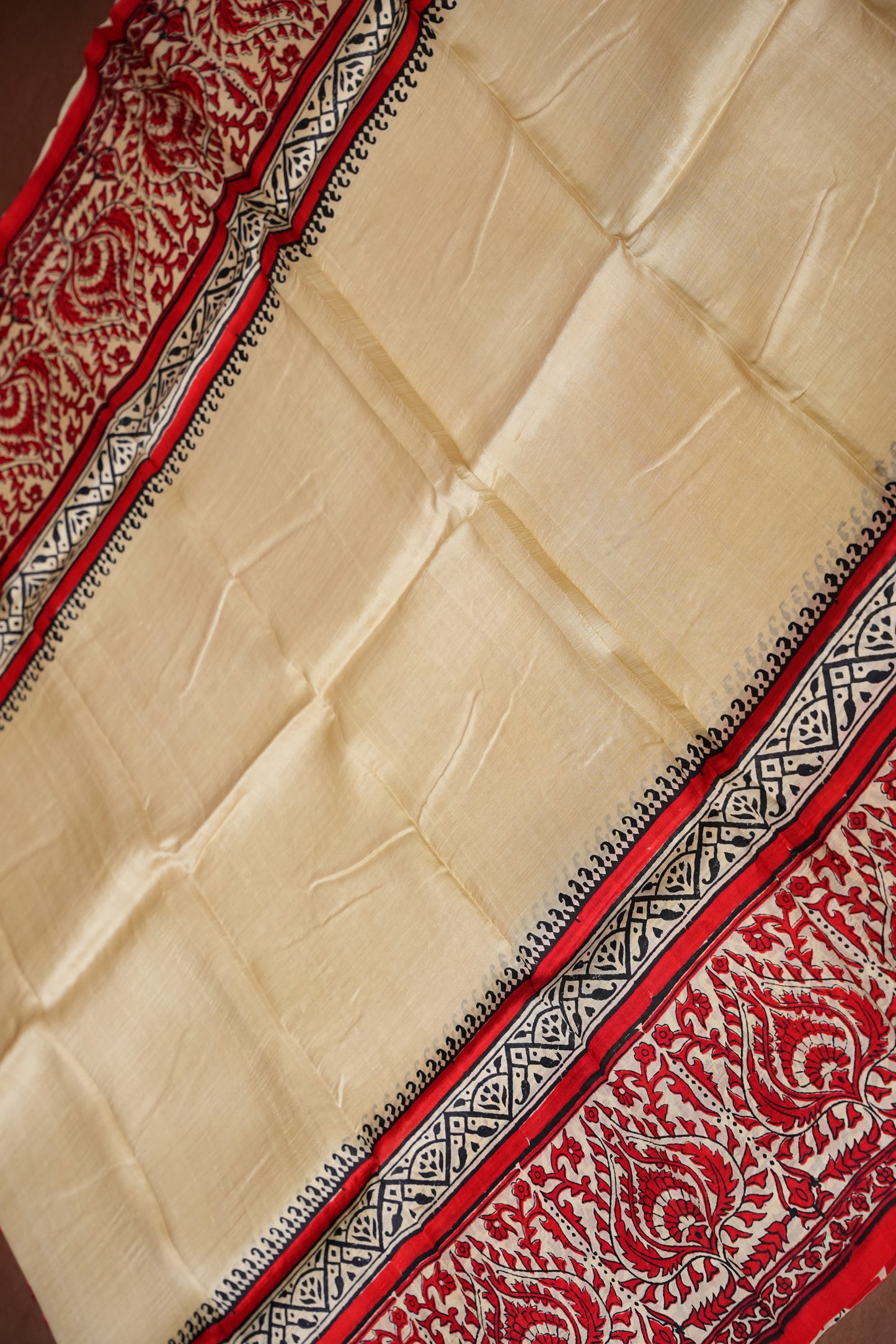 Purely Handpainted Classic On Pure Tussar Silk Saree-Beige with Red|Silk Mark Certified