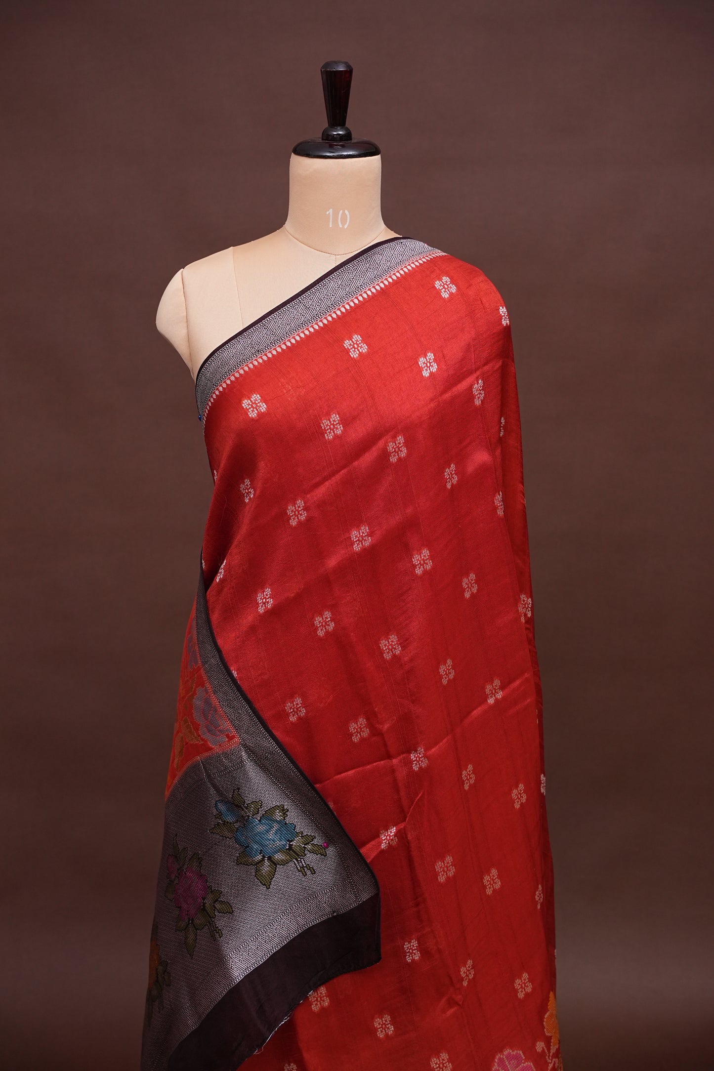 Tussar Banarasi Raw Silk Saree with Floral Paithani Weaves – Burnt Orange & Black