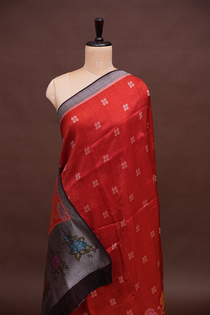 Tussar Banarasi Raw Silk Saree with Floral Paithani Weaves – Burnt Orange & Black