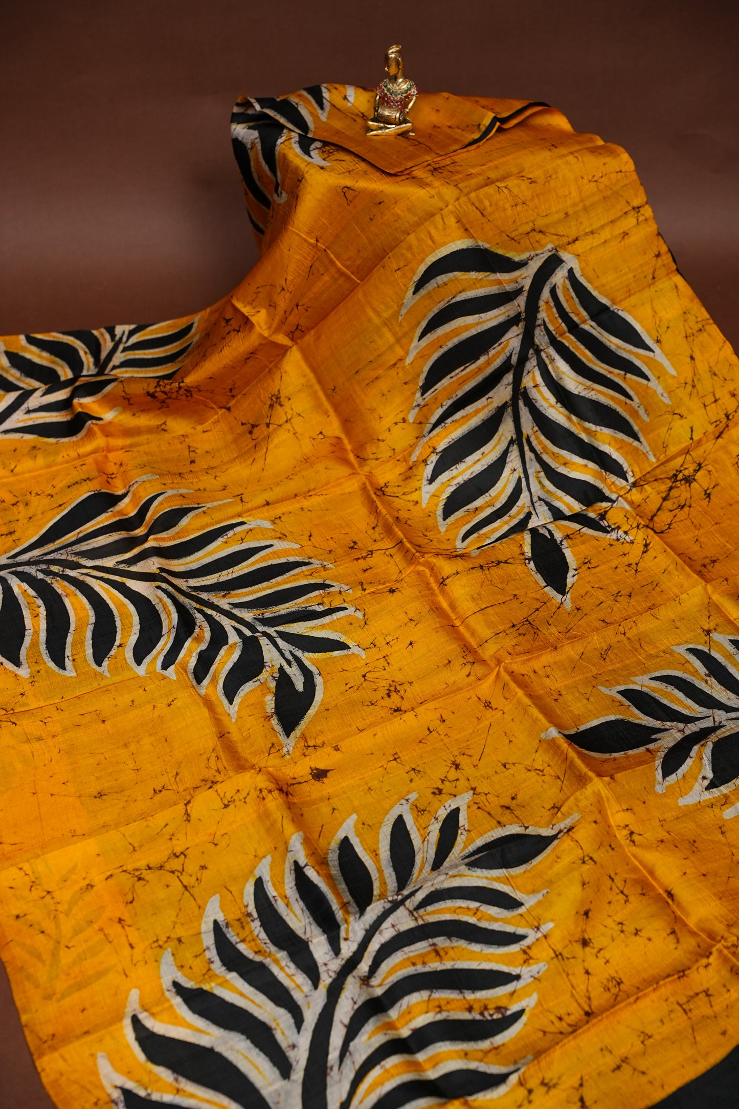 Purely Handpainted Batik Floral On Pure Tussar Silk Saree-Mustard & Black|Silk Mark Certified