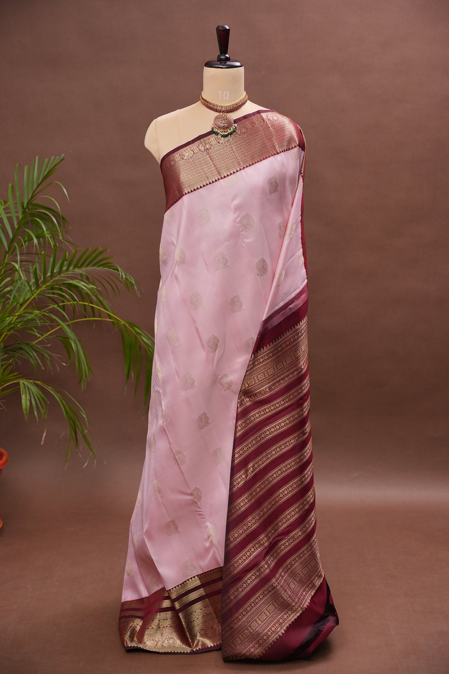Baby Pink & Wine Pure Kanchipuram Silk Saree | Silk Mark Certified