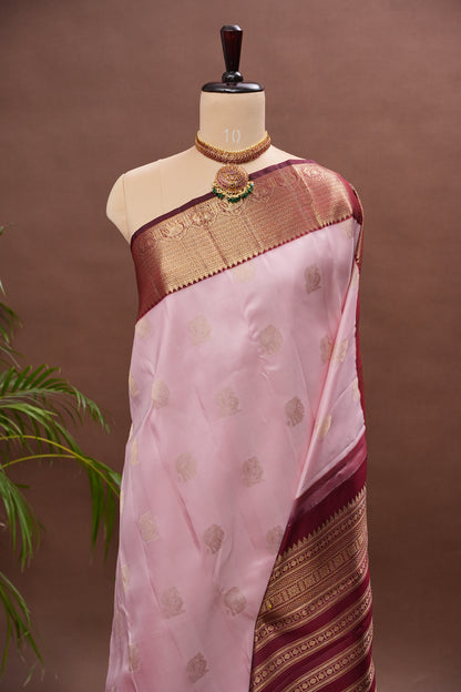 Baby Pink & Wine Pure Kanchipuram Silk Saree | Silk Mark Certified