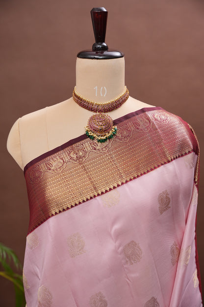 Baby Pink & Wine Pure Kanchipuram Silk Saree | Silk Mark Certified