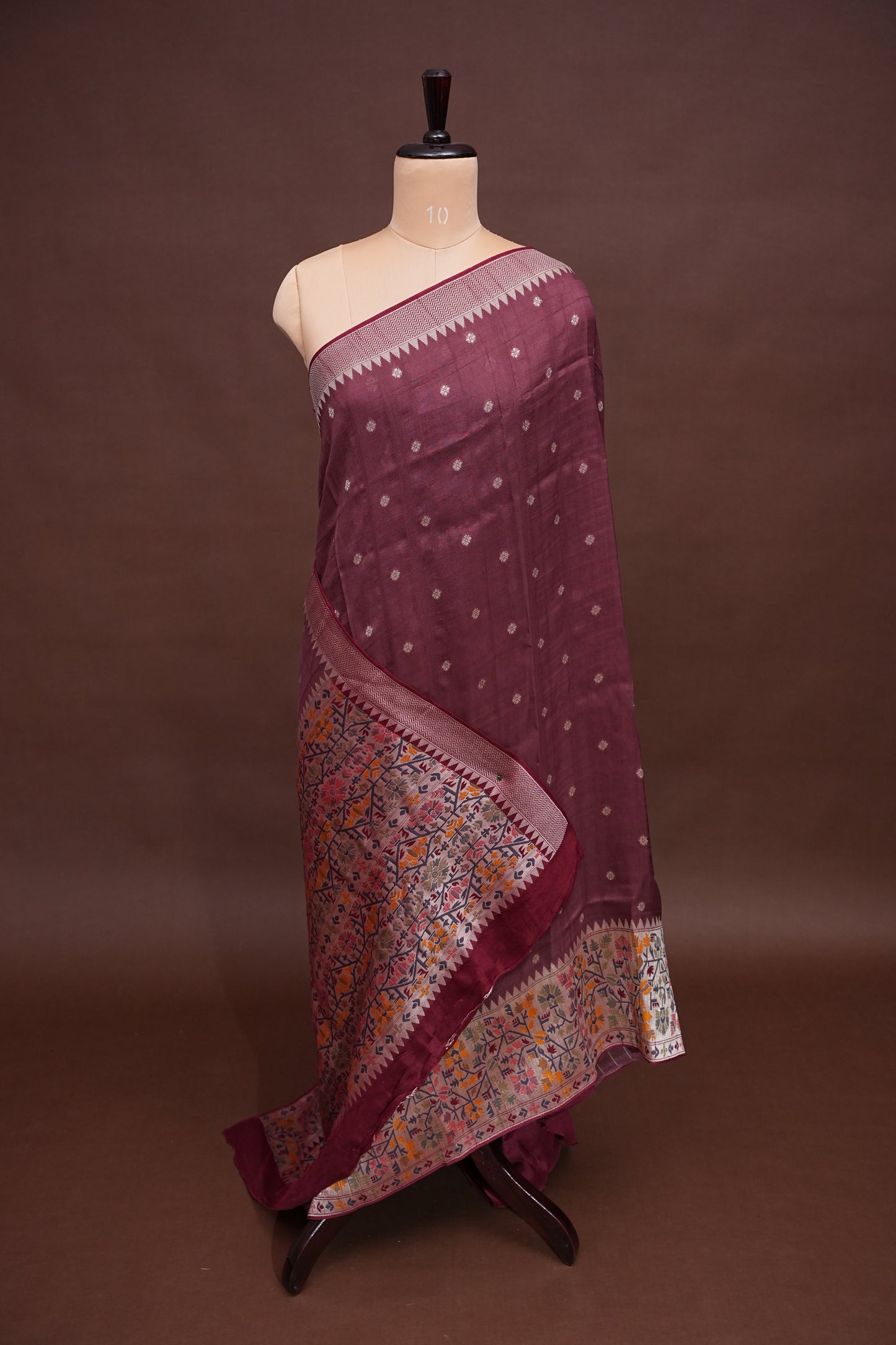 Tussar Banarasi Raw Silk Saree with Floral Paithani Weaves – Mauve Pink & Wine Border