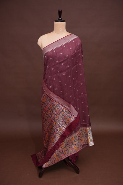 Tussar Banarasi Raw Silk Saree with Floral Paithani Weaves – Mauve Pink & Wine Border
