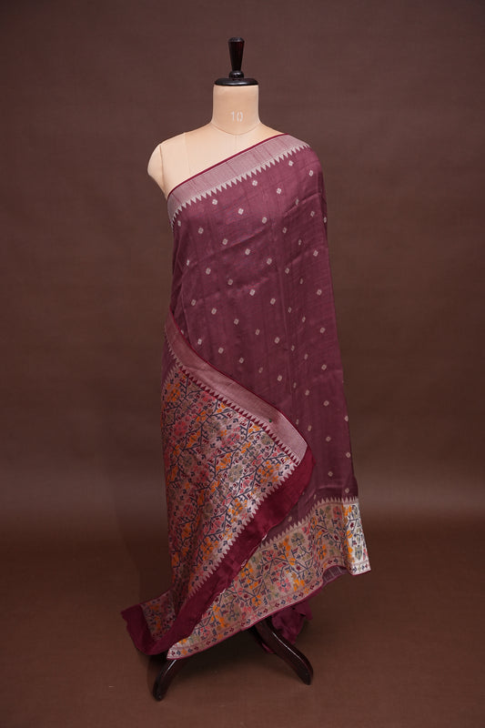 Tussar Banarasi Raw Silk Saree with Floral Paithani Weaves – Mauve Pink & Wine Border
