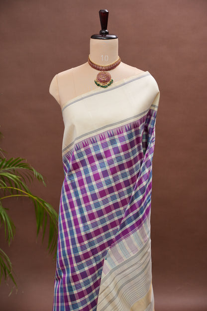Purple Checks & Off-White Pure Kanchipuram Silk Saree | Silk Mark Certified
