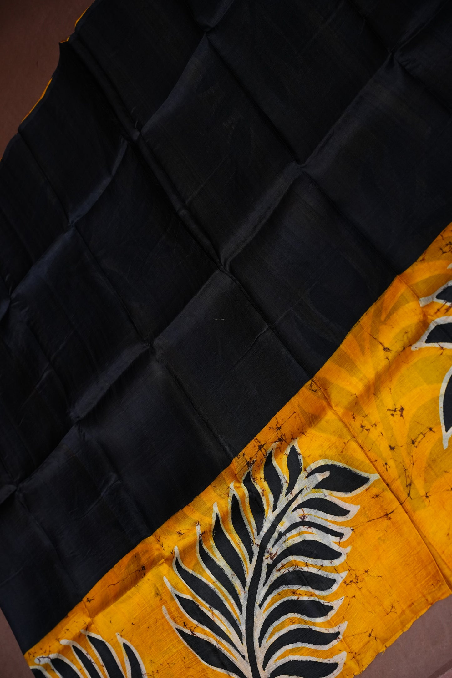 Purely Handpainted Batik Floral On Pure Tussar Silk Saree-Mustard & Black|Silk Mark Certified