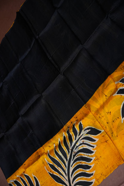 Purely Handpainted Batik Floral On Pure Tussar Silk Saree-Mustard & Black|Silk Mark Certified