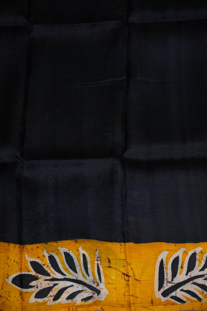 Purely Handpainted Batik Floral On Pure Tussar Silk Saree-Mustard & Black|Silk Mark Certified