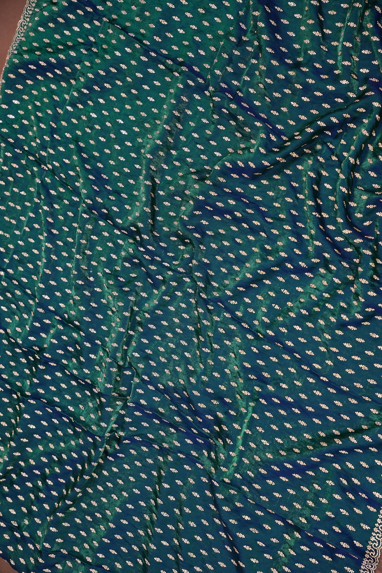Dual Tone Peacock Blue & Emerald Green Party Wear Saree with Gold Stone Butta Work