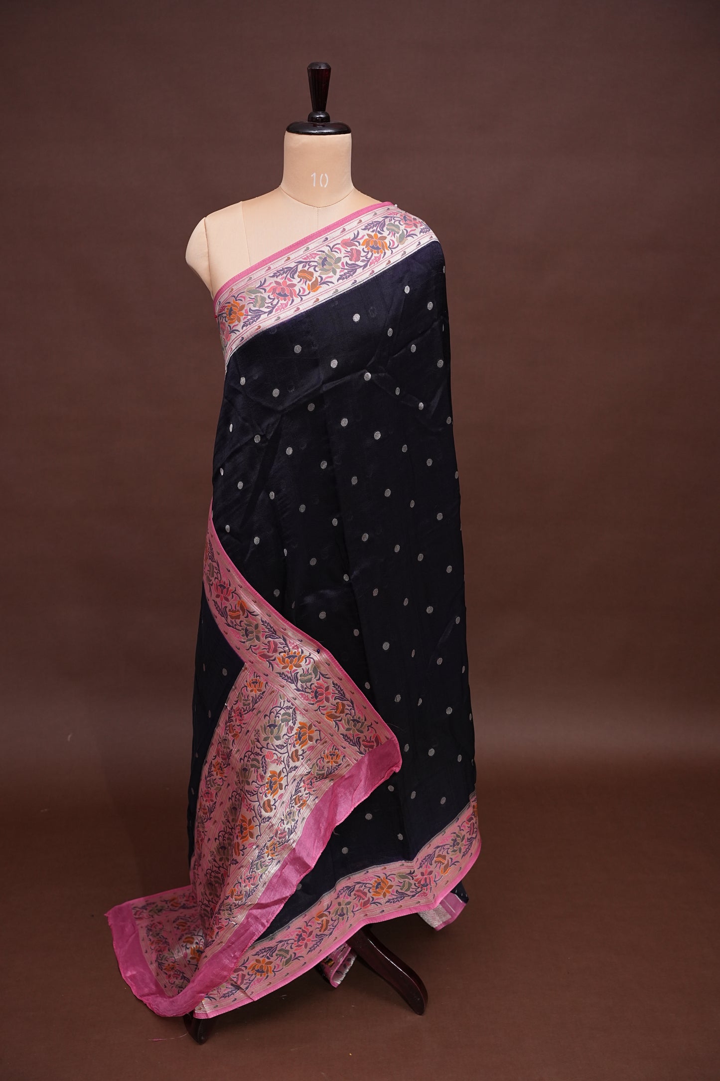 Tussar Banarasi Raw Silk Saree with Floral Paithani Weaves – Black & Pink