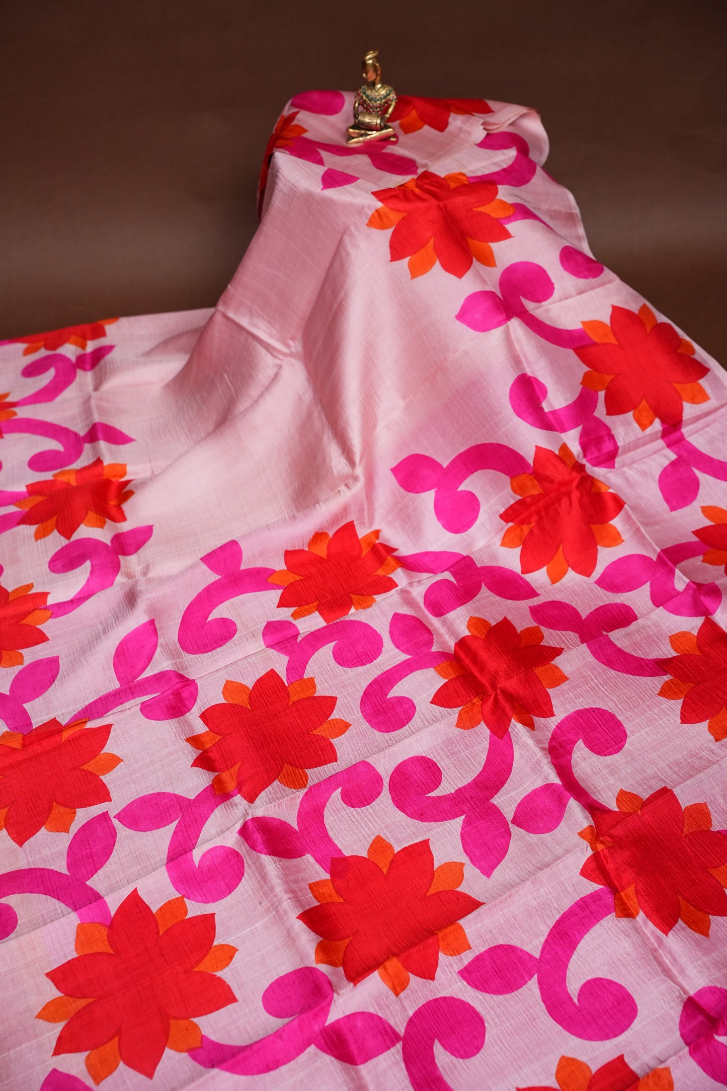 Purely Handpainted Floral On Pure Tussar Silk Saree-Baby Pink & Dark Pink|Silk Mark Certified