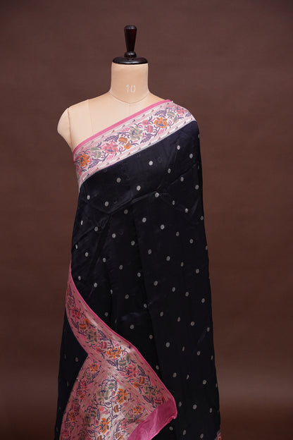 Tussar Banarasi Raw Silk Saree with Floral Paithani Weaves – Black & Pink