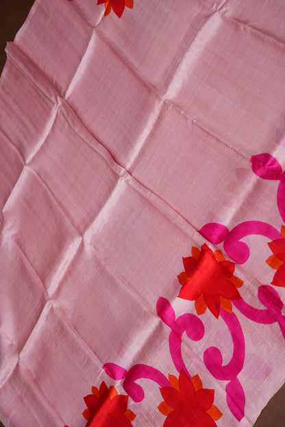 Purely Handpainted Floral On Pure Tussar Silk Saree-Baby Pink & Dark Pink|Silk Mark Certified