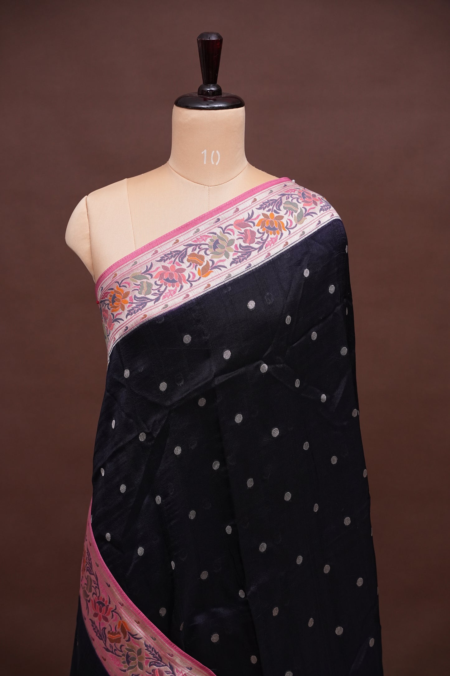 Tussar Banarasi Raw Silk Saree with Floral Paithani Weaves – Black & Pink