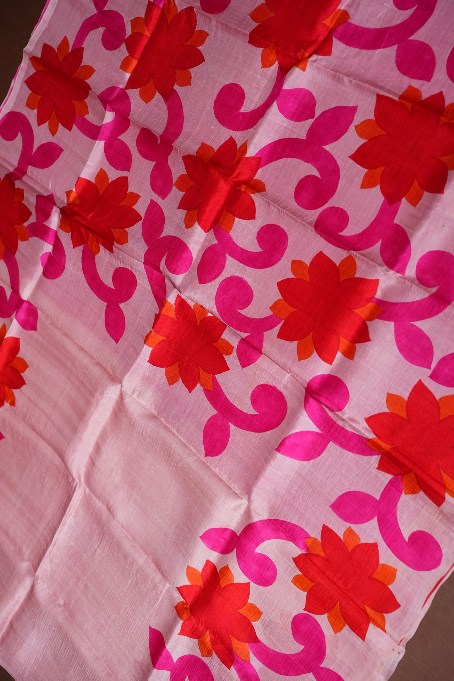 Purely Handpainted Floral On Pure Tussar Silk Saree-Baby Pink & Dark Pink|Silk Mark Certified