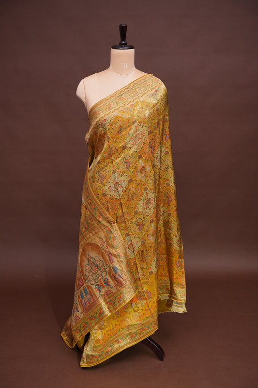 Kashmiri Pashmina Mellow Tissue Saree - Yellow Gold