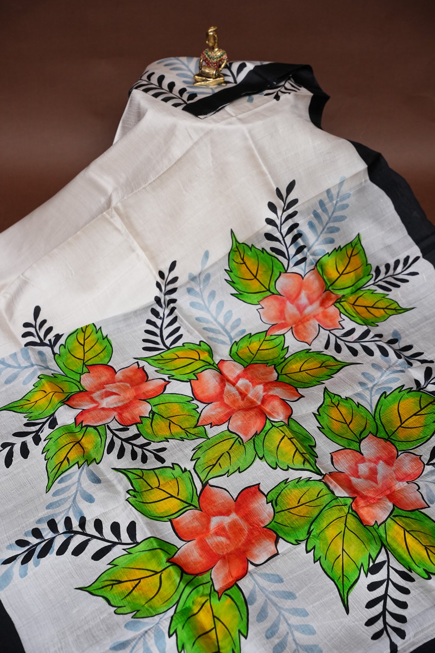 Purely Handpainted Floral On Pure Tussar Silk Saree-White & Black|Silk Mark Certified